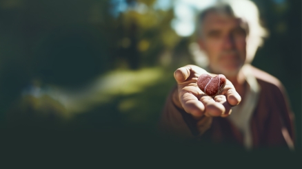 Man met steentje in hand