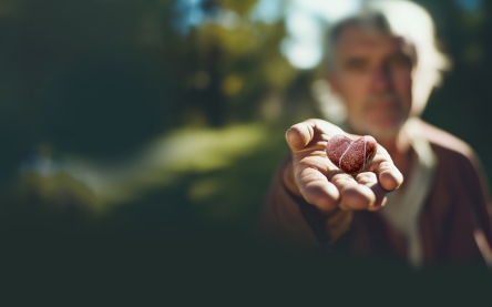 Man met steentje in hand